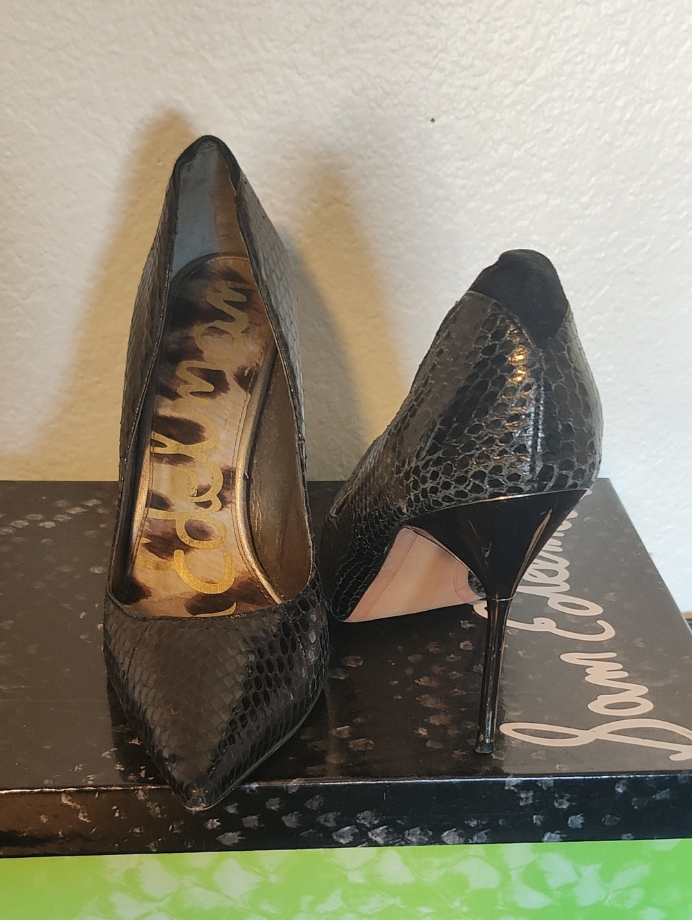Black Pointed-Toe Snake-Print Stiletto Pumps Sam Edelman Ginger Heel
